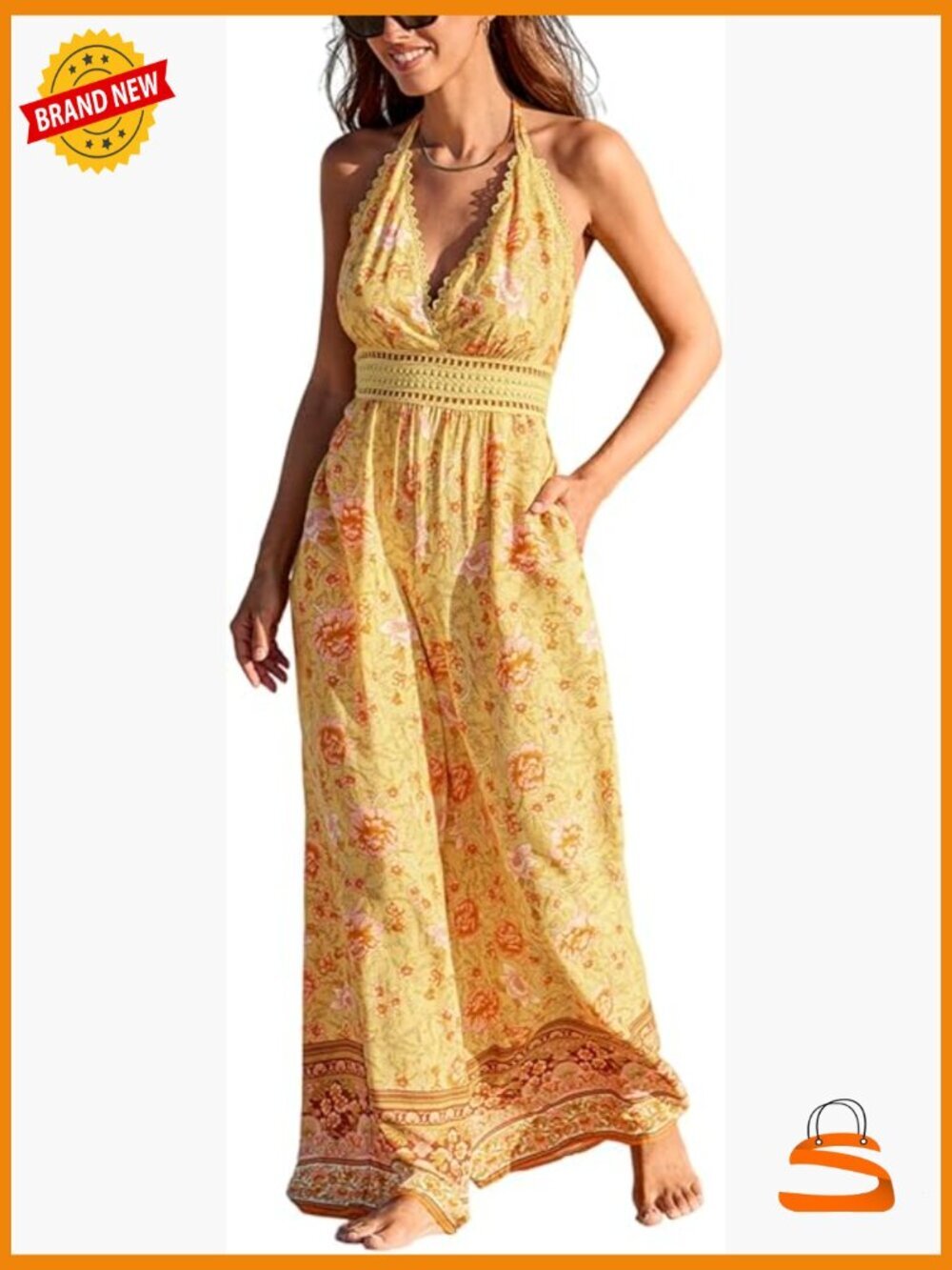 Floral Halter Wide Leg Jumpsuit with Pockets